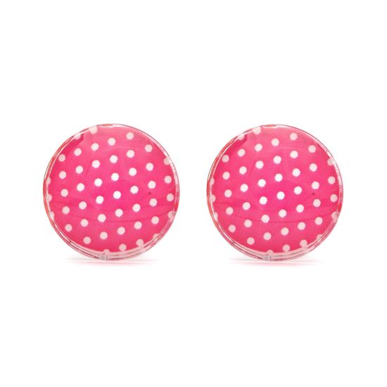 Pink and White Polka Dot Glass Print Button Clip on Earrings