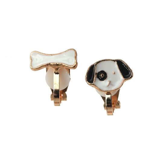 Puppy and Bone Asymmetric Clip On Earrings