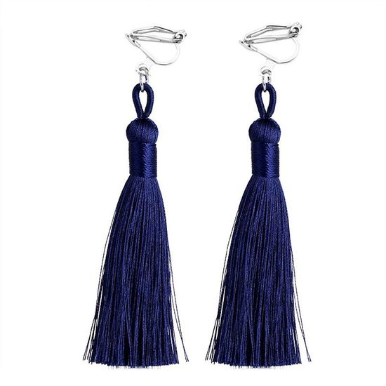 Ink Blue Tassel Drop Clip On Earrings