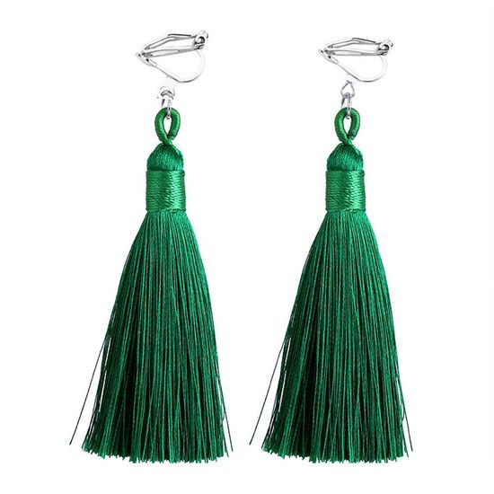 Green Tassel Drop Clip On Earrings